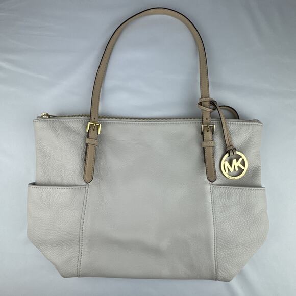 Michael Kors Ivory Tote Bag Purse - Pink Leather Straps - Gold Accents - Pockets - Picture 1 of 14